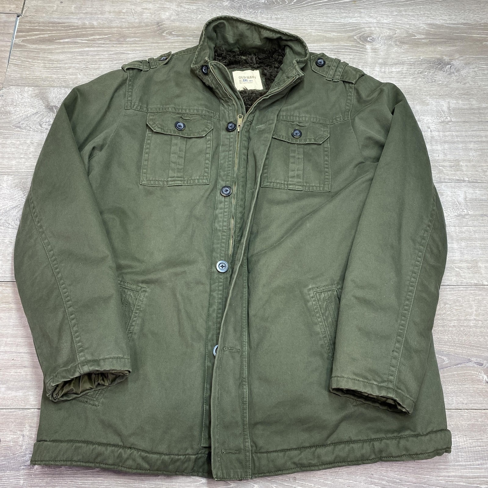 Old Navy Canvas Military Field Jacket Men 2xlt Green Sherpa Insulated Full Zip